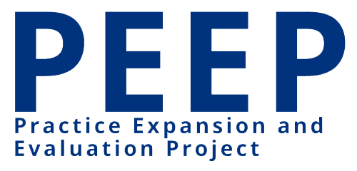 A dark blue logo that reads: PEEP with a small light blue bunny appearing behind the second E. Below reads: Practice Expansion and Evaluation Project.